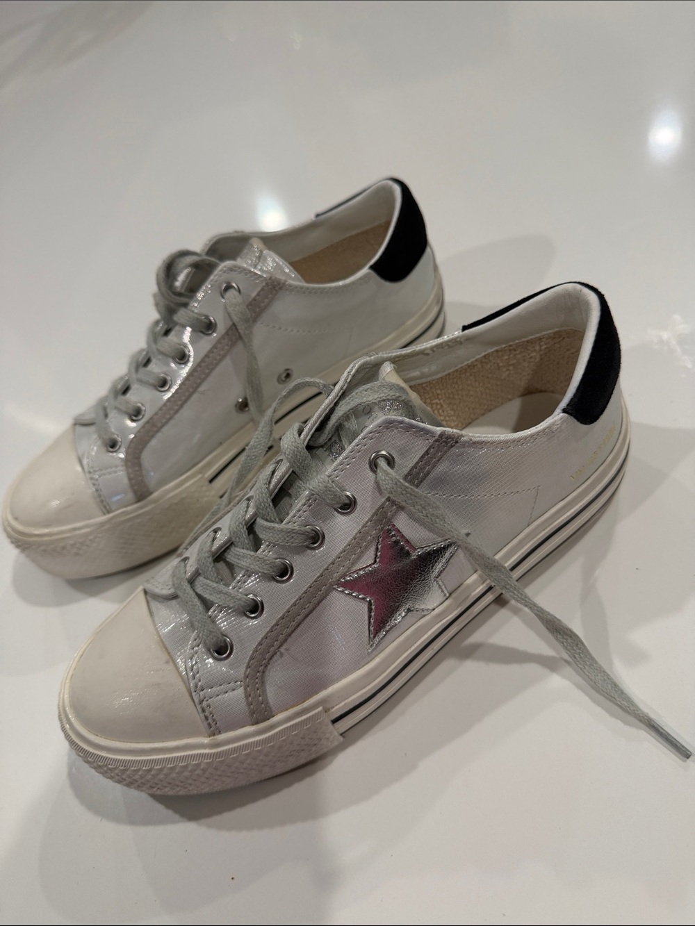 Vintage Havana White Platform Sneakers with Silver Star and Black backs